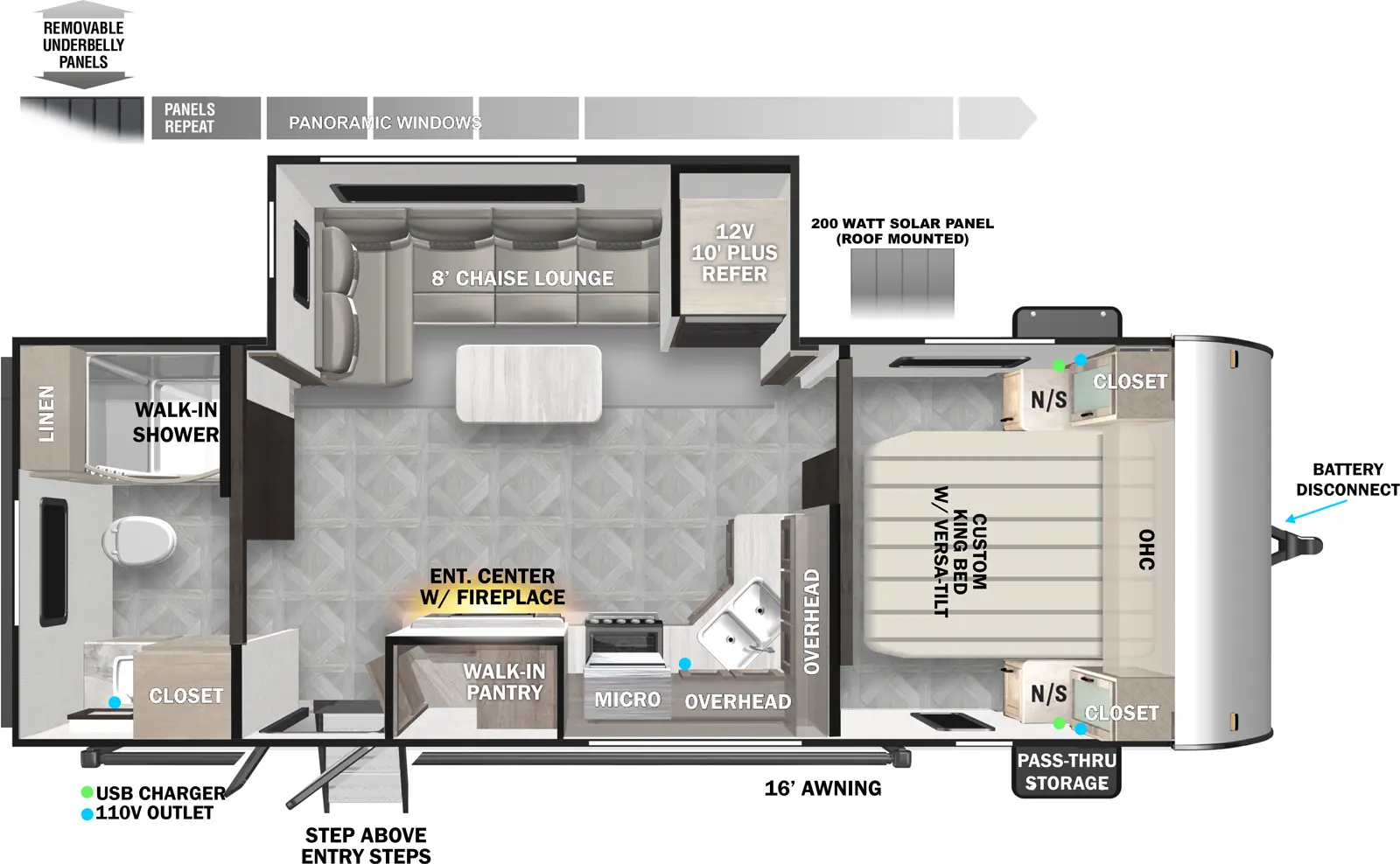 The 22RBS has one slideout and one entry. Exterior features front pass through storage, battery disconnect, StepAbove entry steps, 16 foot awning, removable underbelly panels, and 200 watt roof-mounted solar panels. Interior layout front to back: queen bed with overhead cabinet and closet with night stand on each side; off-door side slideout with refrigerator, and chaise lounge with table; kitchen counter with sink wraps from inner wall to door side with overhead cabinet, microwave, cooktop, entertainment center with fireplace below and walk-in pantry behind, and entry door; rear full bathroom with linen cabinet, closet, and walk-in shower.